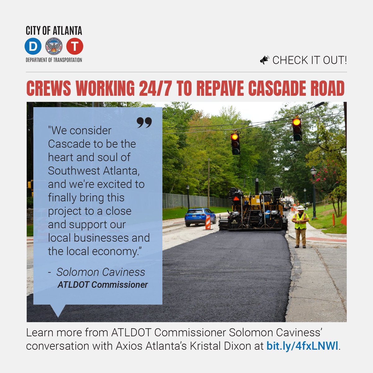 Atlanta Department of Transportation (@atldot) on Twitter photo Noticed day & night construction on Cascade Rd? ATLDOT crews are in action around-the-clock to complete resurfacing as quickly and safely as possible. Learn more from ATLDOT Commissioner Solomon Caviness' conversation with @Axios Atlanta's <a href="/KristalDixon/">Kristal Dixon is on Blue Sky</a> at bit.ly/4fxLNWl Noticed day & night construction on Cascade Rd? ATLDOT crews are in action around-the-clock to complete resurfacing as quickly and safely as possible. Learn more from ATLDOT Commissioner Solomon Caviness' conversation with @Axios Atlanta's <a href="/KristalDixon/">Kristal Dixon is on Blue Sky</a> at bit.ly/4fxLNWl