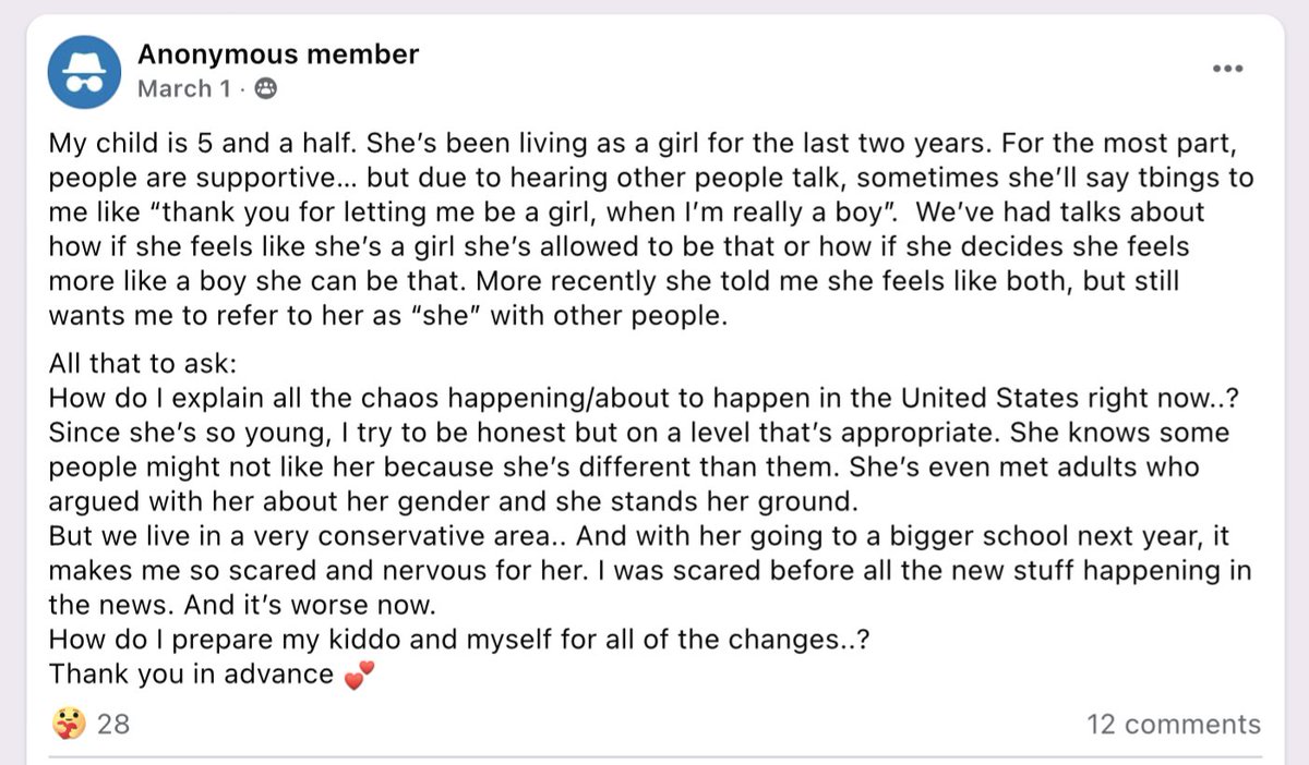 From a FB group for parents of "trans/nonbinary" kids, this parent socially transitioned their son to "live as a girl" since age 3 (now 5). The parent is upset that their son still maintains a tether to reality: "Thank you for letting me be a girl, when I'm really a boy."

The