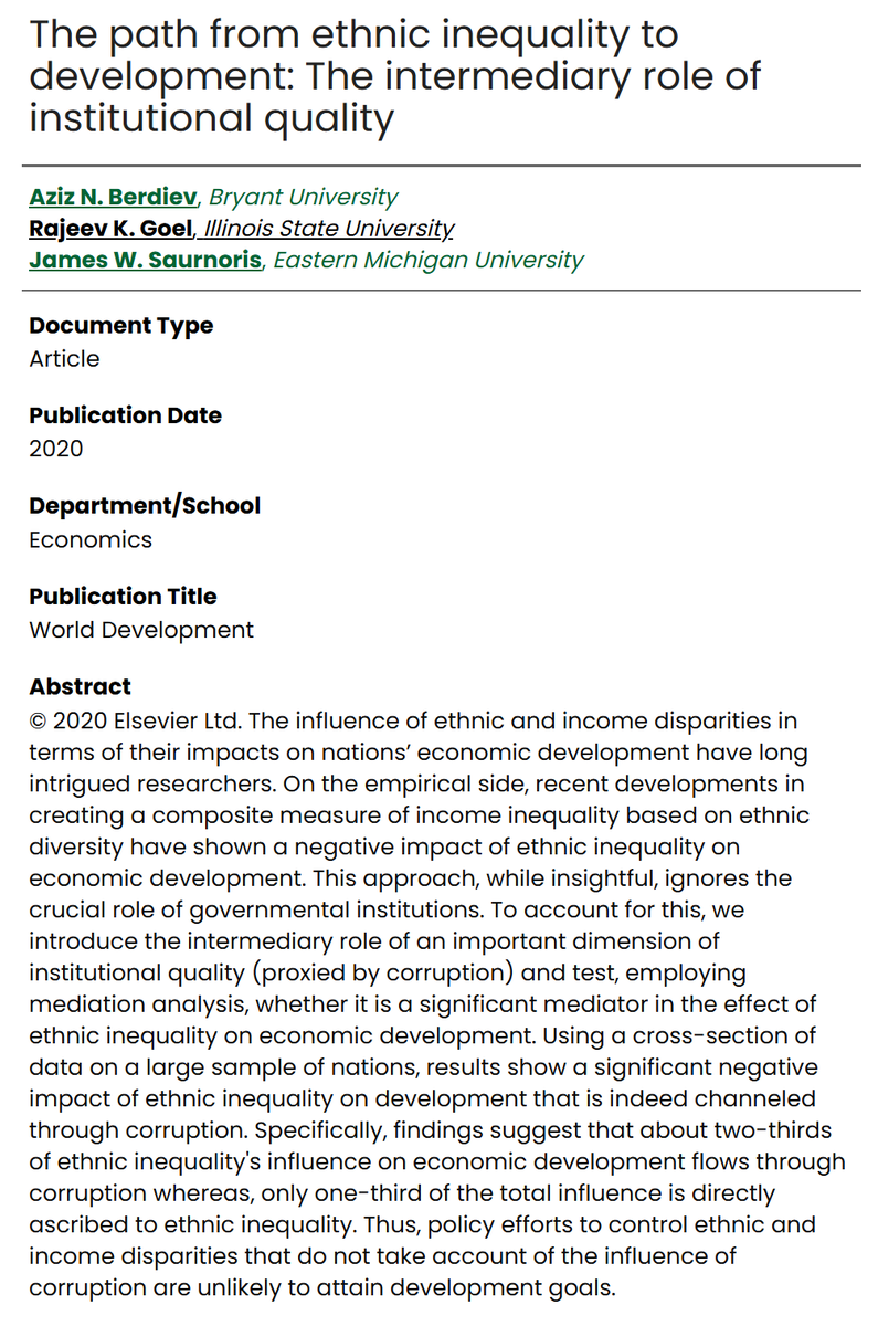 This study showed that ethnic inequalities are negatively correlated with GDP/capita, and this relationship is strongly mediated by corruption effects.