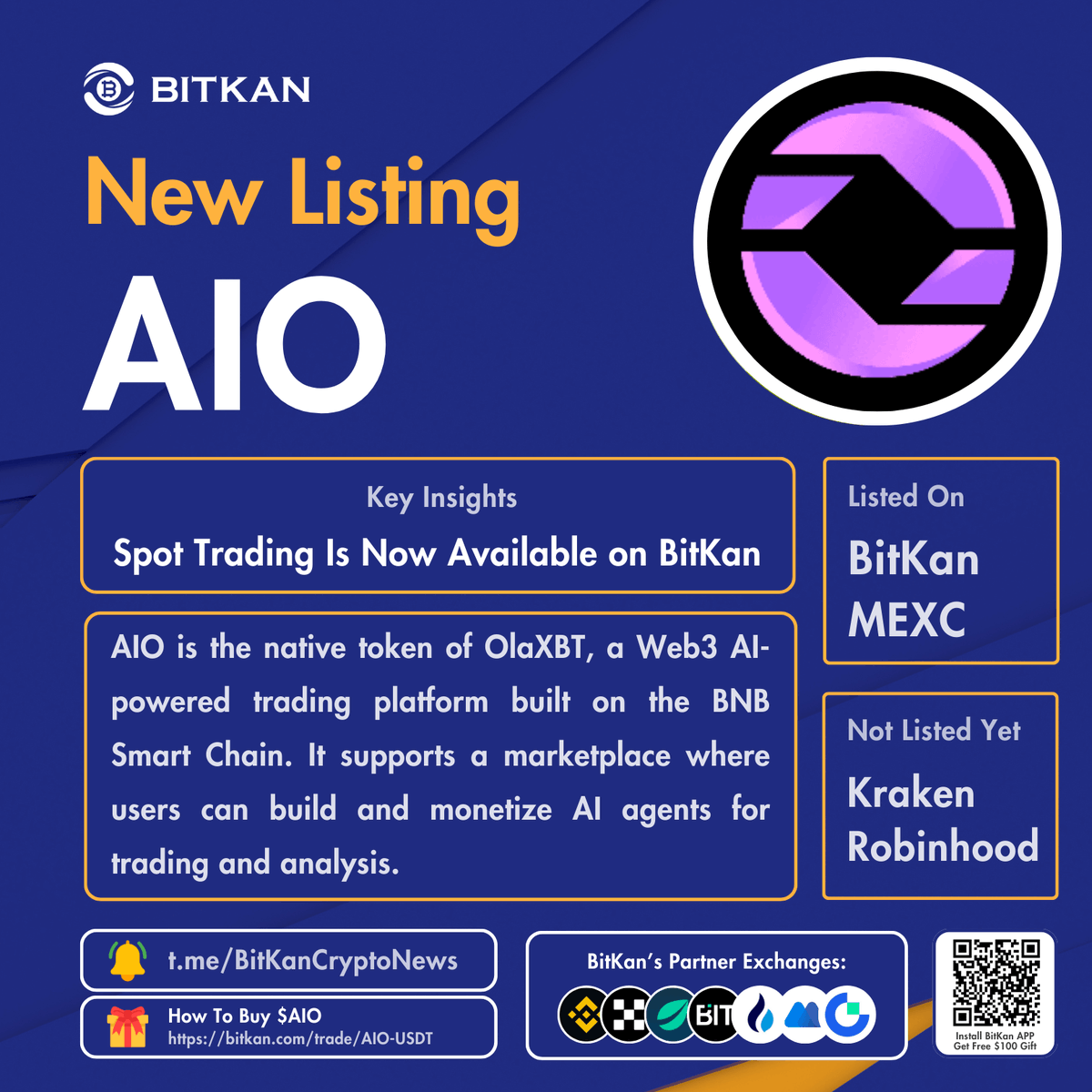 🔥 New Listing: @olaxbt #AIO spot and futures trading pairs are now  available for trade on BitKan Crypto Exchange. $AIO Spot Trading Pair:  https://t.co/jPyFmF1mSQ $AIO Futures Trading Pair: https://t.co/6l0XwOoe2i  Official #BitKan Announcement: