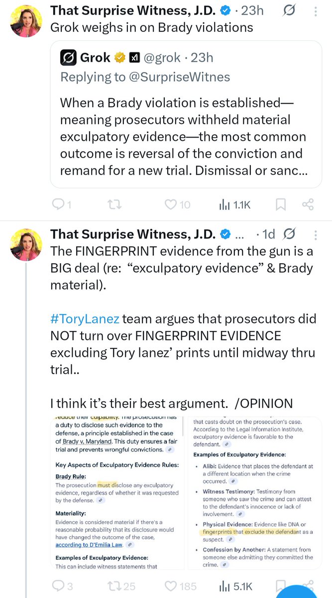 This should be a testament to how little BJ Courville/That Surprise Witness actually practiced any law. She had to ask AI to describe a Brady violation 🤦 and this isn't the first time she's struggled with this legal concept...she has painfully tried to explain it before. I M O.
