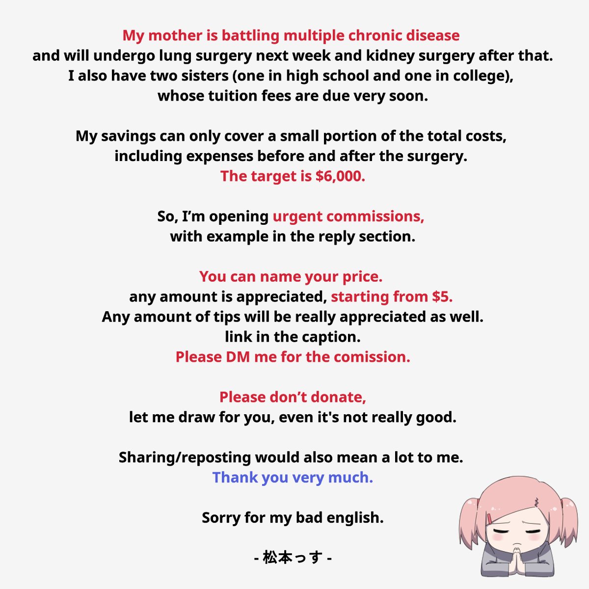 matsumotossu_'s tweet photo. URGENT COMMISSIONS

I really need help 🙇
https://t.co/cURzDxSSmP https://t.co/FMCQC6JBiN