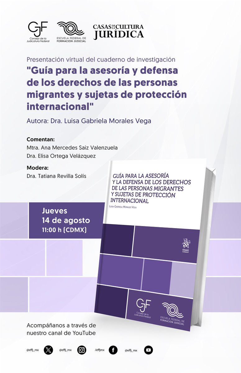 Escuela Federal de Formación Judicial (@effj_mx) on Twitter photo ¡Nos vemos mañana!
📖 Presentación virtual del cuaderno de investigación "Guía para la asesoría y defensa de los derechos de las personas migrantes y sujetas de protección internacional" de la Dra.<a href="/Grabix79/">Gabriela Morales-Vega (Grabix)</a>
🎙️
Mtra.<a href="/anasaizv/">Ana Mercedes Saiz</a>
Dra.<a href="/elisaove/">Elisa Ortega Velázquez</a>
⏰ 11:00h
📍youtube.com/@effj_mx ¡Nos vemos mañana!
📖 Presentación virtual del cuaderno de investigación "Guía para la asesoría y defensa de los derechos de las personas migrantes y sujetas de protección internacional" de la Dra.<a href="/Grabix79/">Gabriela Morales-Vega (Grabix)</a>
🎙️
Mtra.<a href="/anasaizv/">Ana Mercedes Saiz</a>
Dra.<a href="/elisaove/">Elisa Ortega Velázquez</a>
⏰ 11:00h
📍youtube.com/@effj_mx
