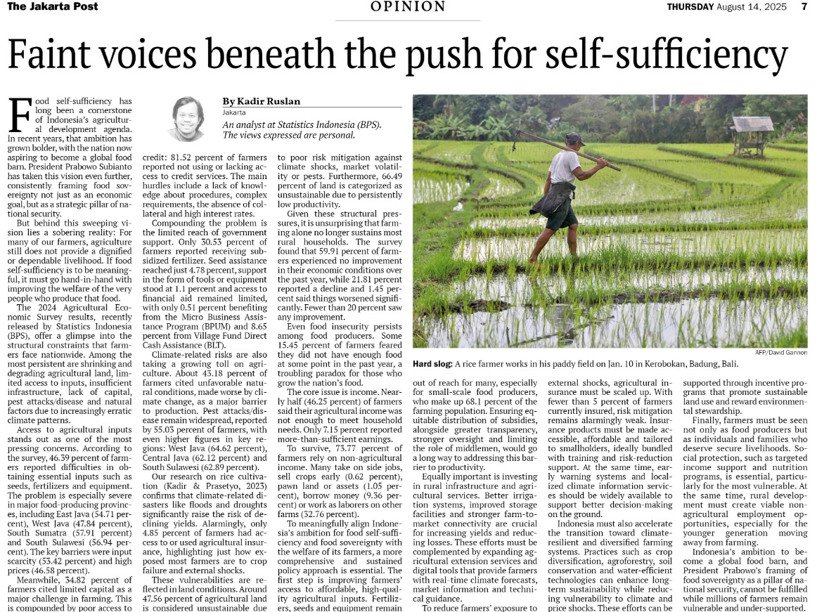 KadirRuslan's tweet photo. My op-ed today at The Jakarta Post narrates the results of the 2024 Economic Agricultural Survey just released this year by BPS as part of the 2023 Census of Agriculture round. After a decade, the survey still captured the same story: the faint voices of our farmers. https://t.co/FBrzkWfzyD