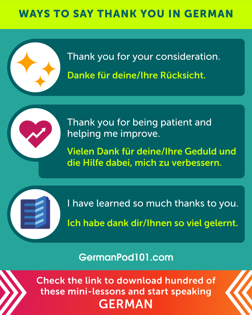 GermanPod101's tweet photo. How to express appreciation in German? Save this! β€οΈ P.S. Master German step-by-step with GermanPod101: https://t.co/gytMJ3WIlb
#GermanLessons #FreeGermanLessons #EverydayGerman https://t.co/VNeIs4isQm