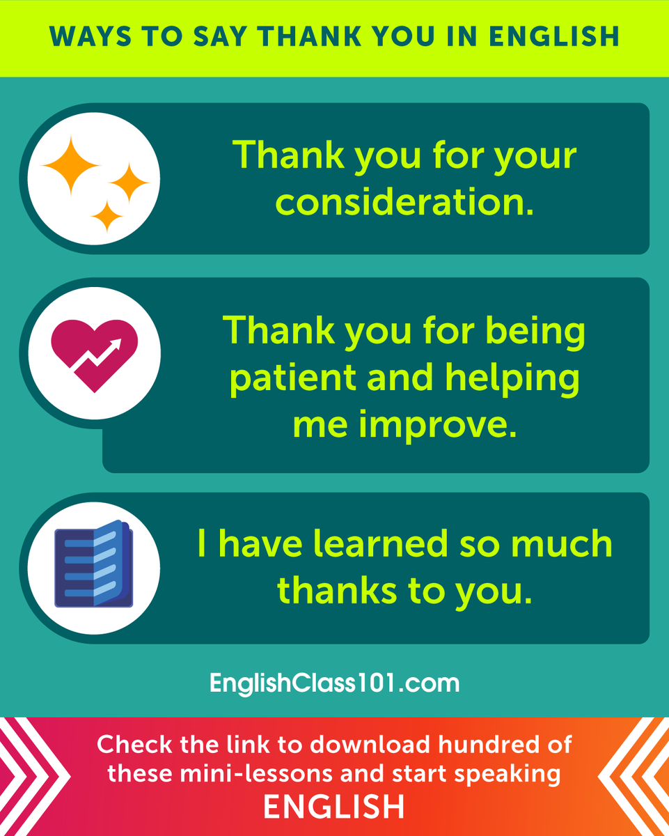 EnglishClass101's tweet photo. How to express appreciation in English? Save this! β€οΈ P.S. Master English step-by-step with EnglishClass101: https://t.co/m8hjow29G2
#EnglishLessons #FreeEnglishLessons #EverydayEnglish https://t.co/HJTQrJlWon