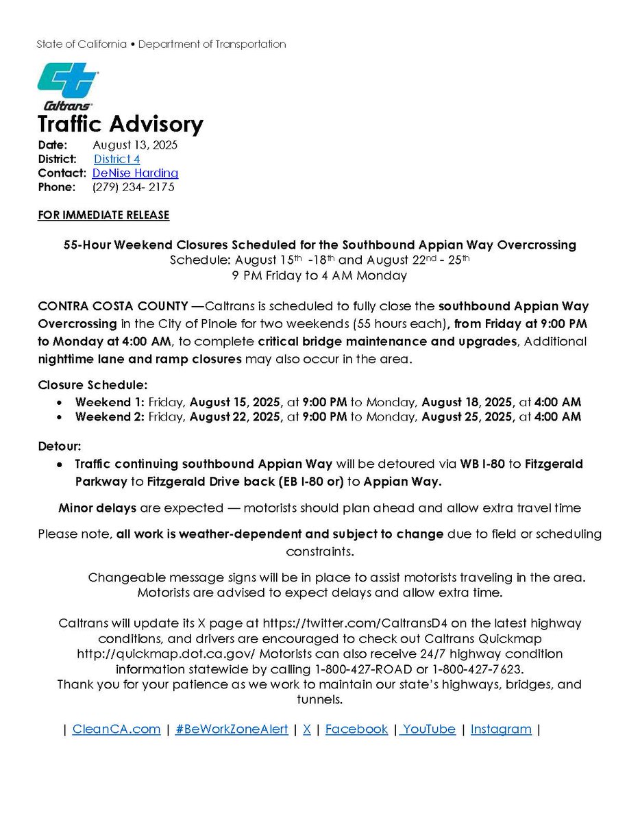 🚧 55-Hour Weekend Closures – SB Appian Way Overcrossing 🚧
📅 August 15–18 &amp; August 22–25
⏰ 9 PM Friday – 4 AM Monday
Southbound Appian Way Overcrossing will be closed for 55 hours each weekend for scheduled work. Please plan ahead and use alternate routes.