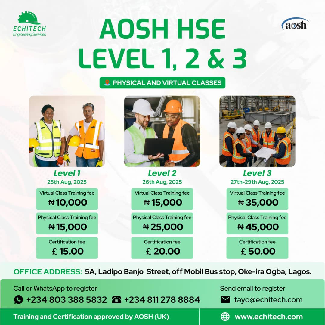 *Join the AOSH community today and become a champion of safety and health!*

For enquiries and further details, chat or call
wa.link/gadjo9

Or send mail to tayo@echitech.com

Confort air hostess Davido