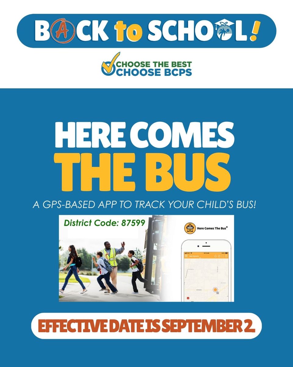 🚌 Track Your Child’s Bus Here Comes the Bus launches Sept. 2 for eligible BCPS families! View your child’s bus in real time, get alerts &amp; more. 📷 HereComesTheBus.com | Code: 87599 📷browardschools.com/herecomesthebus