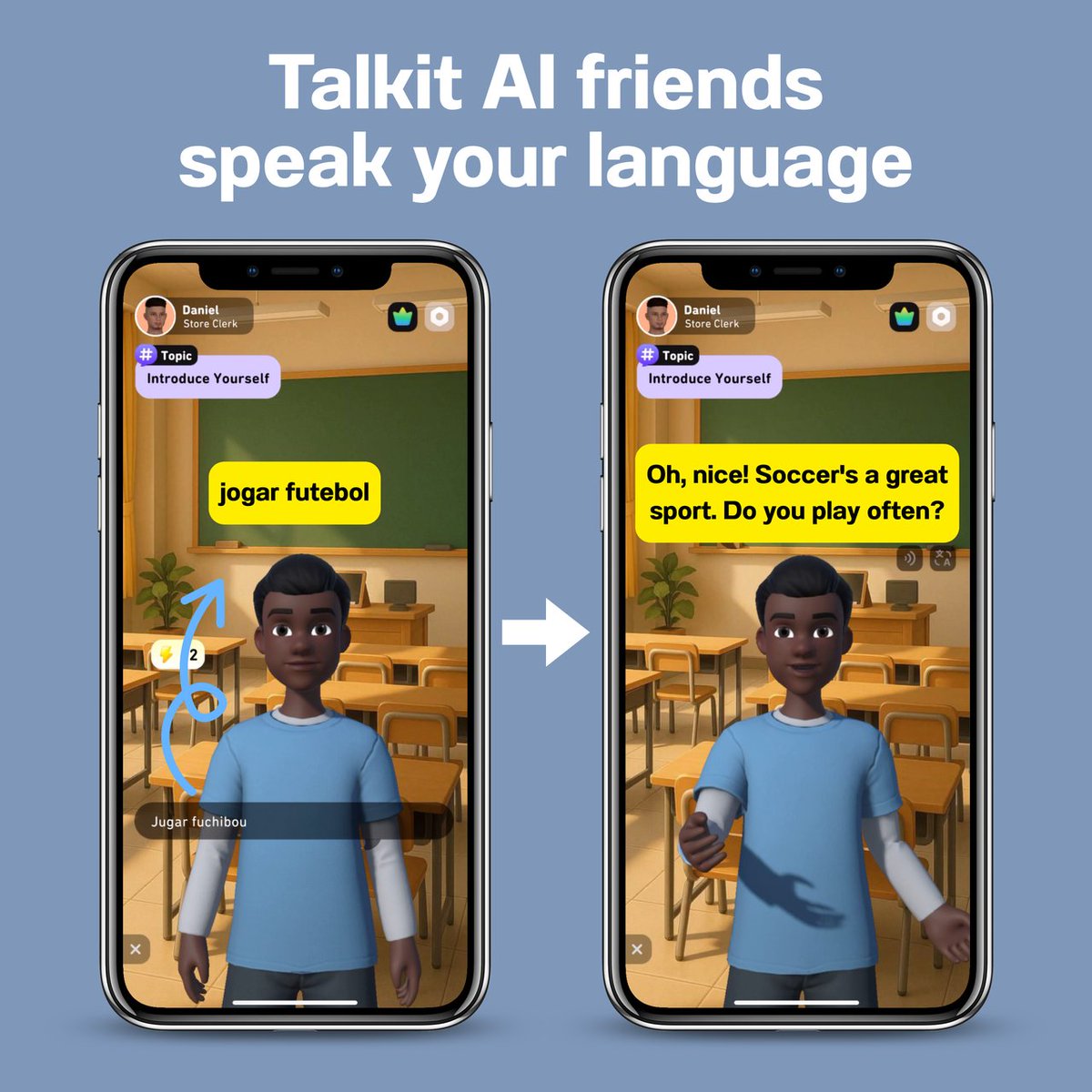 TalkitAI's tweet photo. Stuck on a word? TalkIt's AI Avatars speak your language - literally!
Whether you're speaking English, Portuguese, French, or jumping between languages, your AI friend understands it all and helps you express yourself confidently without worrying about mistakes.
#LANGUAGE #Talkit https://t.co/sGuTWUxiXd