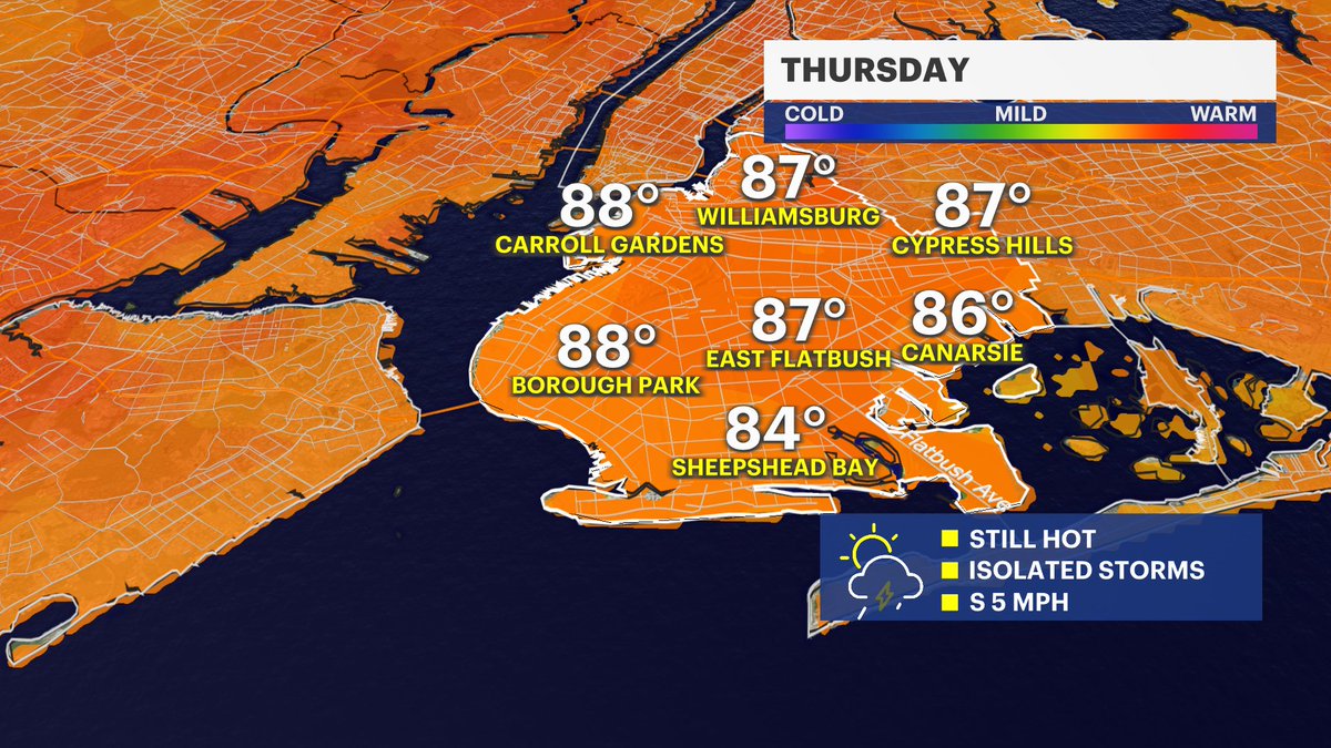 Storms are out of the way, but still some clouds Brooklyn! There could also be some patchy fog for the overnight and into early Thursday.

Another hot and humid day for tomorrow-- showers and storms possible in the late afternoon/evening.