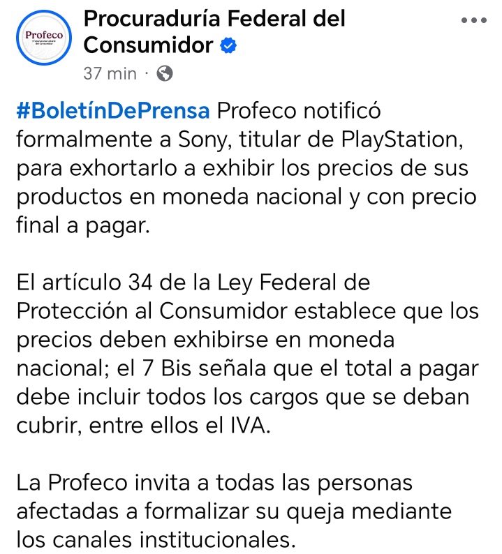 AlexCVJ's tweet image. La PROFECO después de estar monitoreando la tienda de PlayStation desde 2024. Ha exhortado a Sony a poner los precios en moneda nacional y con el precio final. Porque en PS Store te desglosaban los impuestos ya en el último paso de la compra, lo cual es en contra de la ley…