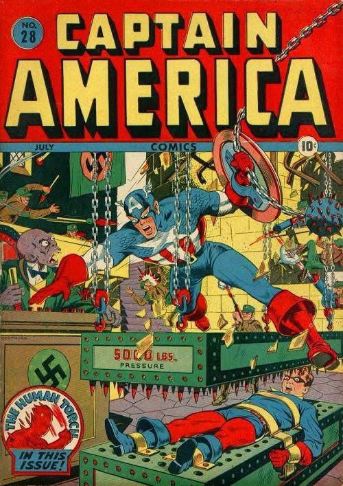 Captain America #28,  The Challenge of the "Mad Torso, arte de portada de Alex Shomburg, Release Date, May 20, 1943, Cover Date
July, 1943