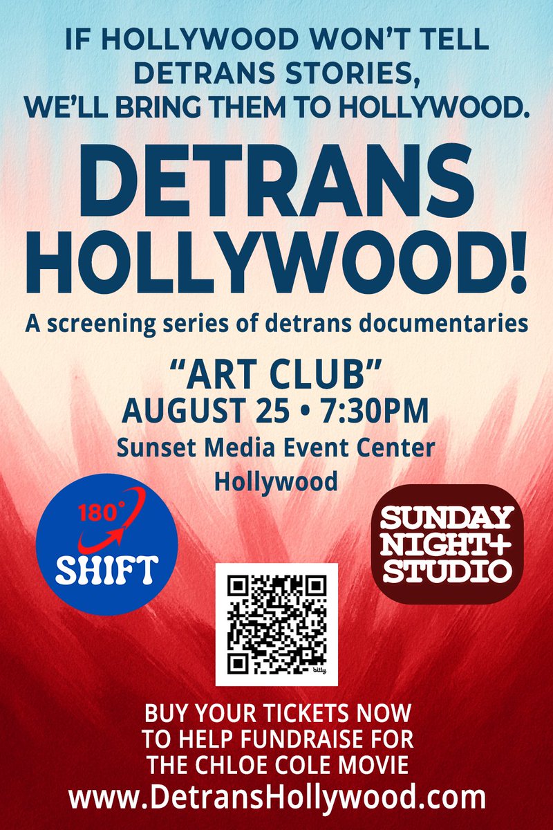 ChloeColeMovie's tweet photo. Starting later this month!

Detrans Hollywood screening series featuring documentaries of detrans stories—
because Hollywood refuses to tell them. 

QR=Get Tickets https://t.co/g1A4oOXL7t