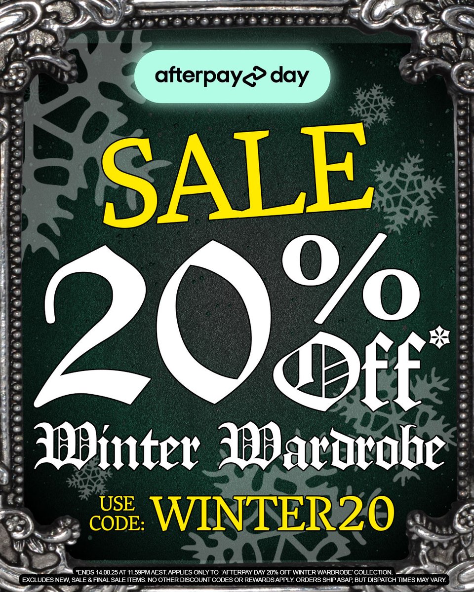 ❄️🖤AFTERPAY DAY HAS LANDED! 🖤❄️

Get 20% OFF our Winter Wardrobe collection using code - WINTER20! Ends midnight!

beserk.com.au/.../afterpay-d…...

P.S. See you tomorrow for a new sale 👀