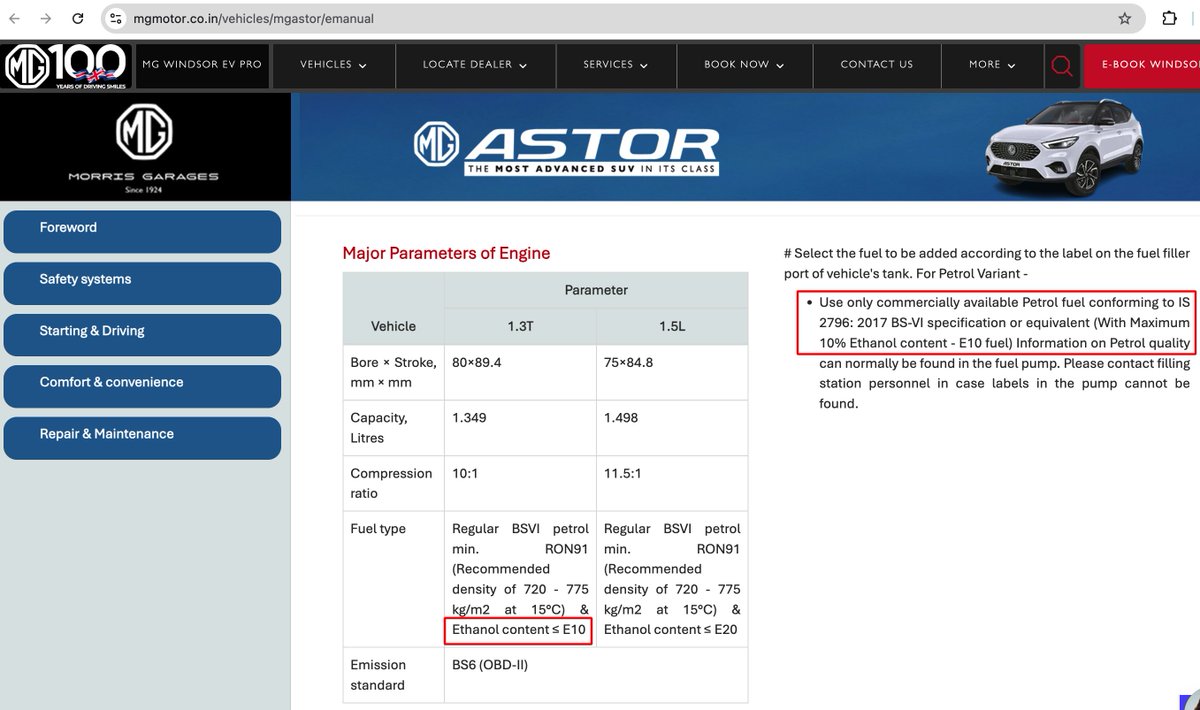 mrinalsinghraja's tweet image. Many BS6 vehicles, like my MG Astor Turbo, are rated for max E10 petrol
With only E20 now available, owners fear long-term engine damage &amp;amp; warranty loss
Request @PMOIndia @narendramodi @nitin_gadkari @MGMotorIN to ensure E10 / 100% petrol availability alongside E20
#EthanolFuel