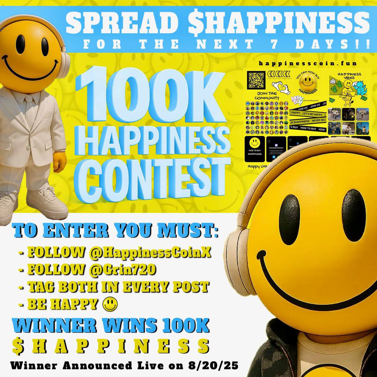 SPREAD HAPPINESS 
🙂🙂🙂🙂🙂🙂🙂🙂
WIN 100K $HAPPINESS
