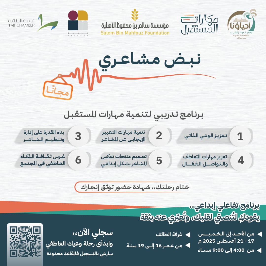 ضمن سلسلة برامج #مهارات_المستقبل المقدم من مؤسسة سالم بن محفوظ الأهلية يسرنا نحن جمعية مراكز الأحياء بالطائف وبالتعاون مع مؤسسة كينونة أن نعلن لكم عن برنامج 

📌 نبض مشاعري
يساعدك تتعرف على مشاعرك ومشاعر الاخرين والتحكم فيها.

لمزيد من التفاصيل والتسجيل👇
l.alahyaa.org/JNYc