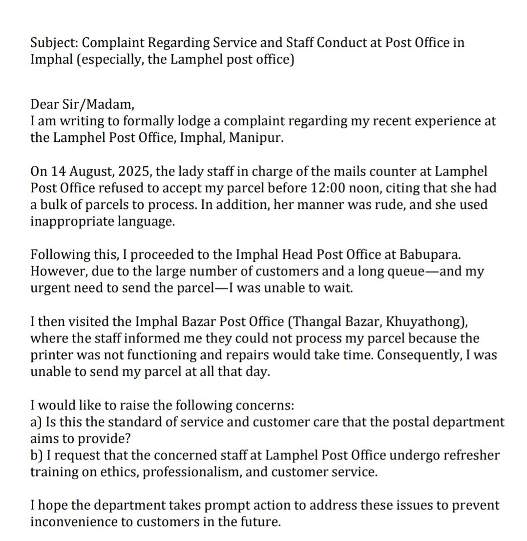 winds6265's tweet photo. @IndiaPostOffice Complaint Regarding Service and Staff Conduct at Post Office in Imphal, Manipur (especially, the Lamphel post office)

(Details of the complaint are in the letter) https://t.co/fbrf2jdcsa