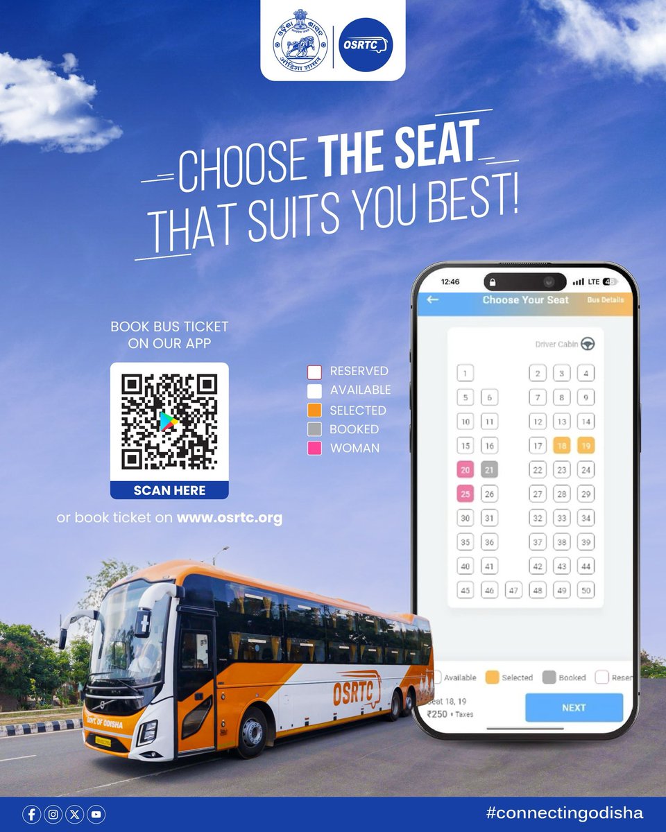OSRTC_Odisha's tweet image. Your Seat, Your Choice – Travel Your Way with OSRTC!
Select your preferred seat in seconds with our easy booking system.
Scan the QR code or visit osrtc.org to reserve your journey.
Travel your way with OSRTC comfort & convenience.
#ConnectingOdisha #OSRTCforAll