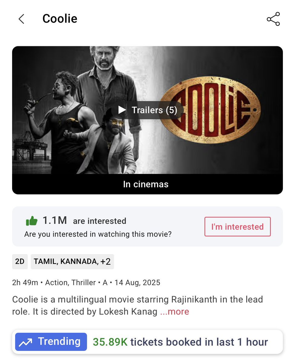 #War2 just smashed past #Coolie on BookMyShow trends in the last hour ⚡️