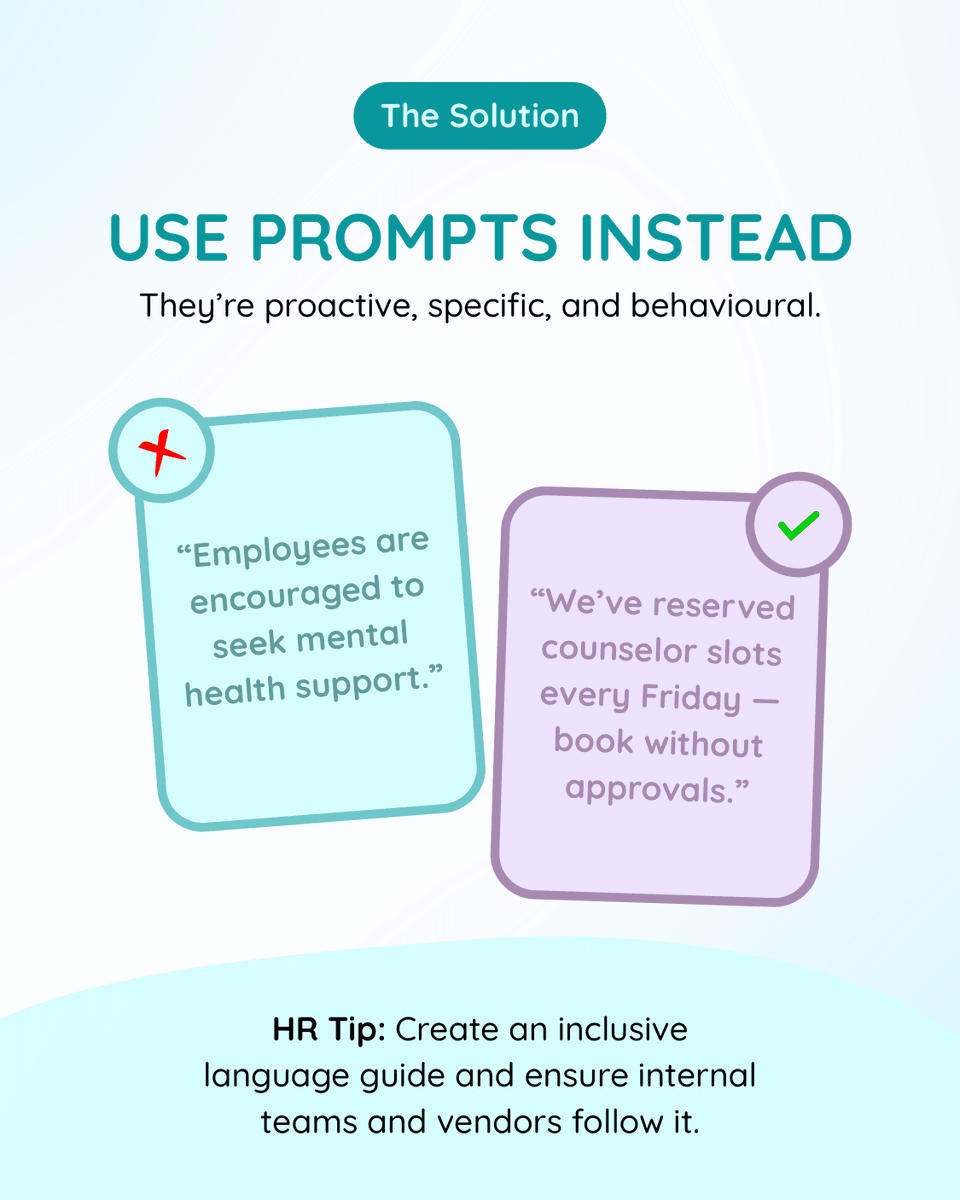 TruWellness360's tweet photo. Most HR policies inform.
Prompts inspire action.
A subtle shift in language - from “You can” to “Here’s how” - can drive positive habits, strengthen trust, and build a culture where employee well-being thrives.

#HRHacks #TruworthWellness #EmployeeExperience #WorkplaceWellbeing https://t.co/np8qHc6TK7