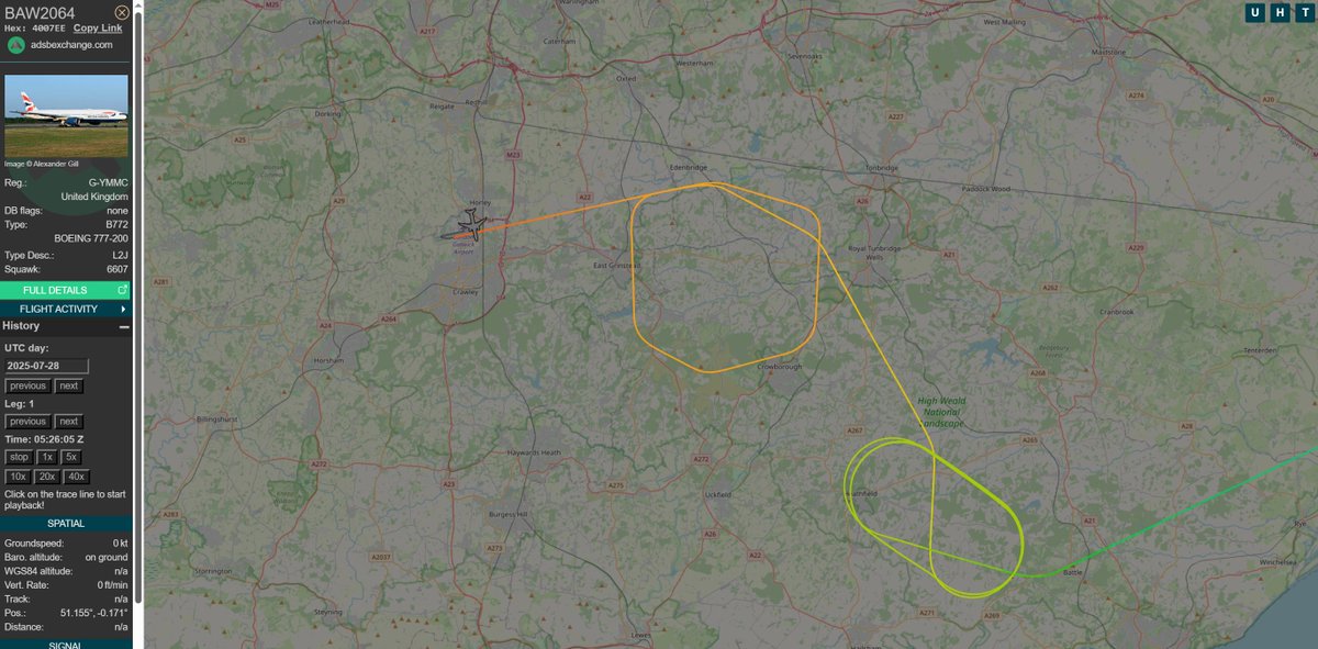 Aircraft noise reality check.  Flight arrives too early for Gatwick so is parked at 8000 feet for 40mins over East Sussex and Kent at 5:15am BST.

Residents over a 90  sq. mile area would experience a continuous droning noise over a 30 minute period and see 4 flights.  1 of many.