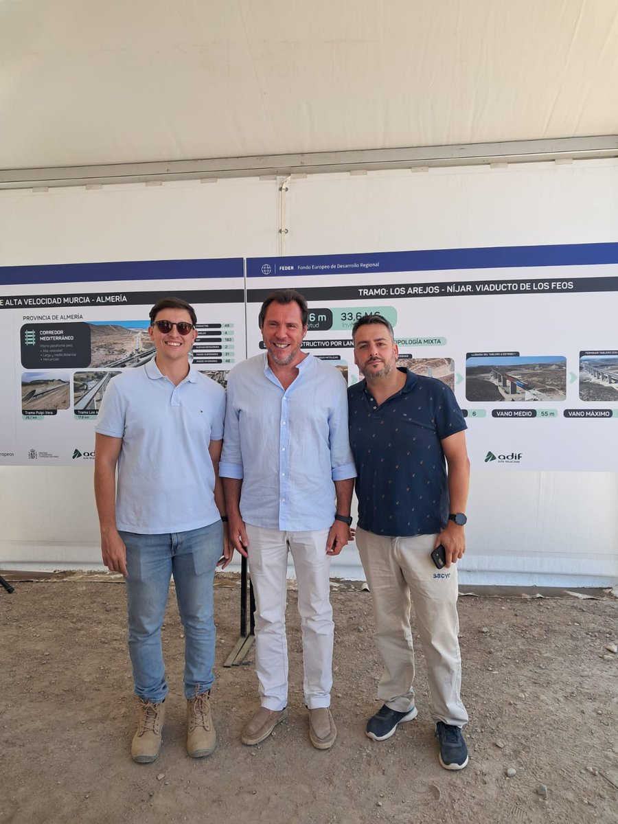 ➡️Los ministros Oscar Puente y Félix Bolaños han visitado las obras del viaducto de Los Feos, un icono del Corredor Mediterráneo de alta velocidad, que desarrollamos desde Sacyr para Adif

La infraestructura pertenece al tramo Los Arejos-Níjar, que supera el 79% de avance

¡Gran
