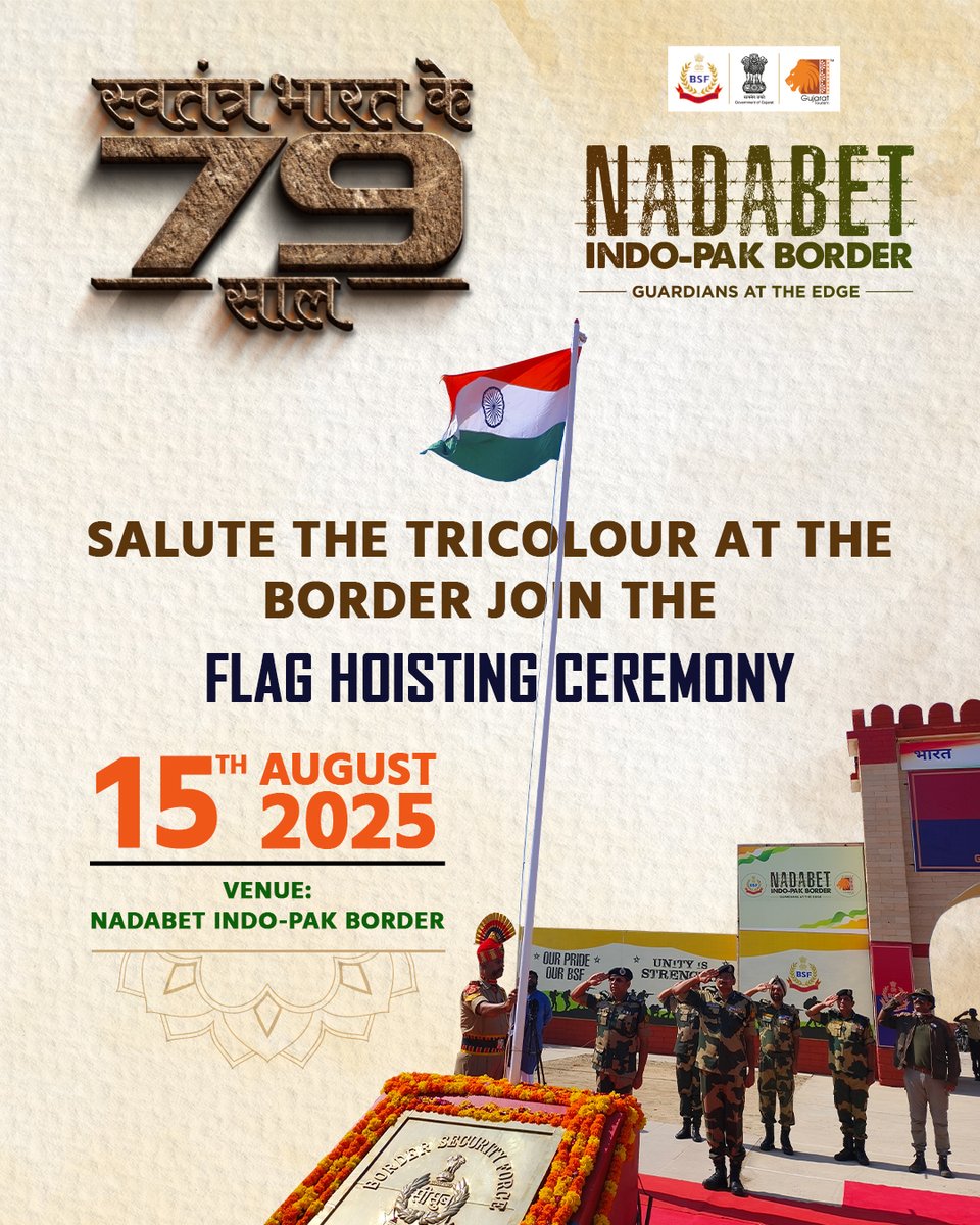 Feel the emotion as the flag ascends against the border skies, reminding us of the strength and unity we share.
Join us at Nadabet Indo-Pak Border

#Nadabet #IndoPakBorder #IndependenceDay #FlagHoisting #FreedomCelebration #Patriotism #UnityInDiversity #PrideOfIndia #Tricolour