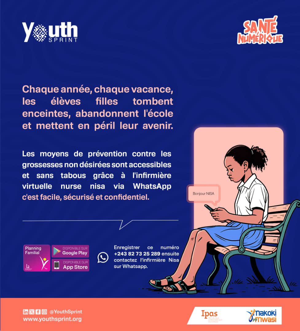 Chaque vacance, des filles tombent enceintes et quittent l’école.
Avec Nurse Nisa, tu peux poser tes questions, comprendre les moyens de prévention, et protéger ton futur

📲 C’est simple, sécurisé et confidentiel.
👉 Clique sur ce lien  pour discuter 

 wa.me/243827325289