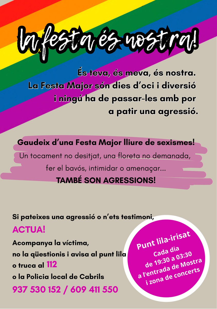 Bon dia #Cabrils!

Volem que quedi molt clar: 𝐋𝐀 𝐅𝐄𝐒𝐓𝐀 𝐄𝐒 𝐍𝐎𝐒𝐓𝐑𝐀! 

Venen dies de festa, oci i diversió, i no volem que ningú els passi amb por a patir una agressió.

Per una  #FMSH2025 per a tothom!