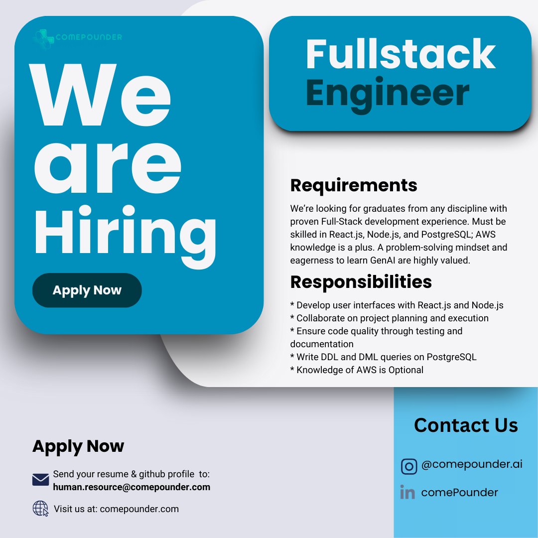 comepounder's tweet photo. Apply Now! The application will close soon

#Bhubaneswar #Reactjs #nodejs #SQL #hiring #fullstackdeveloper https://t.co/oUDlvbLCVa