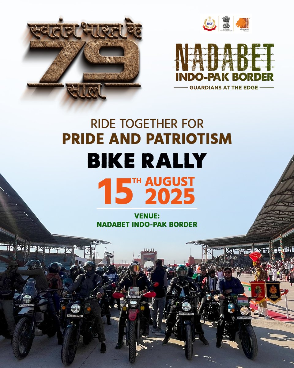 This Independence Day, the frontier calls. Feel the wind, hear the roar, and ride alongside bikers in a rally that celebrates the spirit of freedom.
Join us at Nadabet Indo-Pak Border and be part of a journey that is as much about the road as it is about the nation we love.