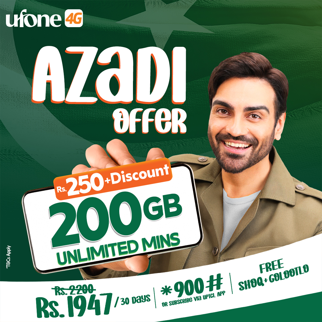 Ufone's tweet image. This independence day, Azadi Offer lagao aur azadi ka jashn manao! 🇵🇰

Enjoy 200GB + Unlimited Calls at just Rs. 1947 💚

Plus, FREE Shoq &amp;amp; Golootlo subscription!

Dial *900# or download UPTCL App to subscribe 📲

#Ufone4G #DataBohhaaatHai #AzadiOffer