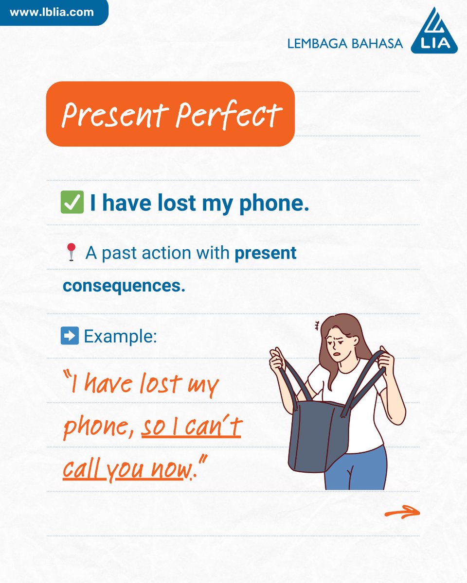 LBLIA_Pusat's tweet image. “I lost my phone” vs “I have lost my phone” — what’s the difference? 🤔
Both are correct, but they mean different things.
Let’s clear up this common grammar confusion 👇
🧵⬇️ #EnglishTips #GrammarHelp #LBLIA