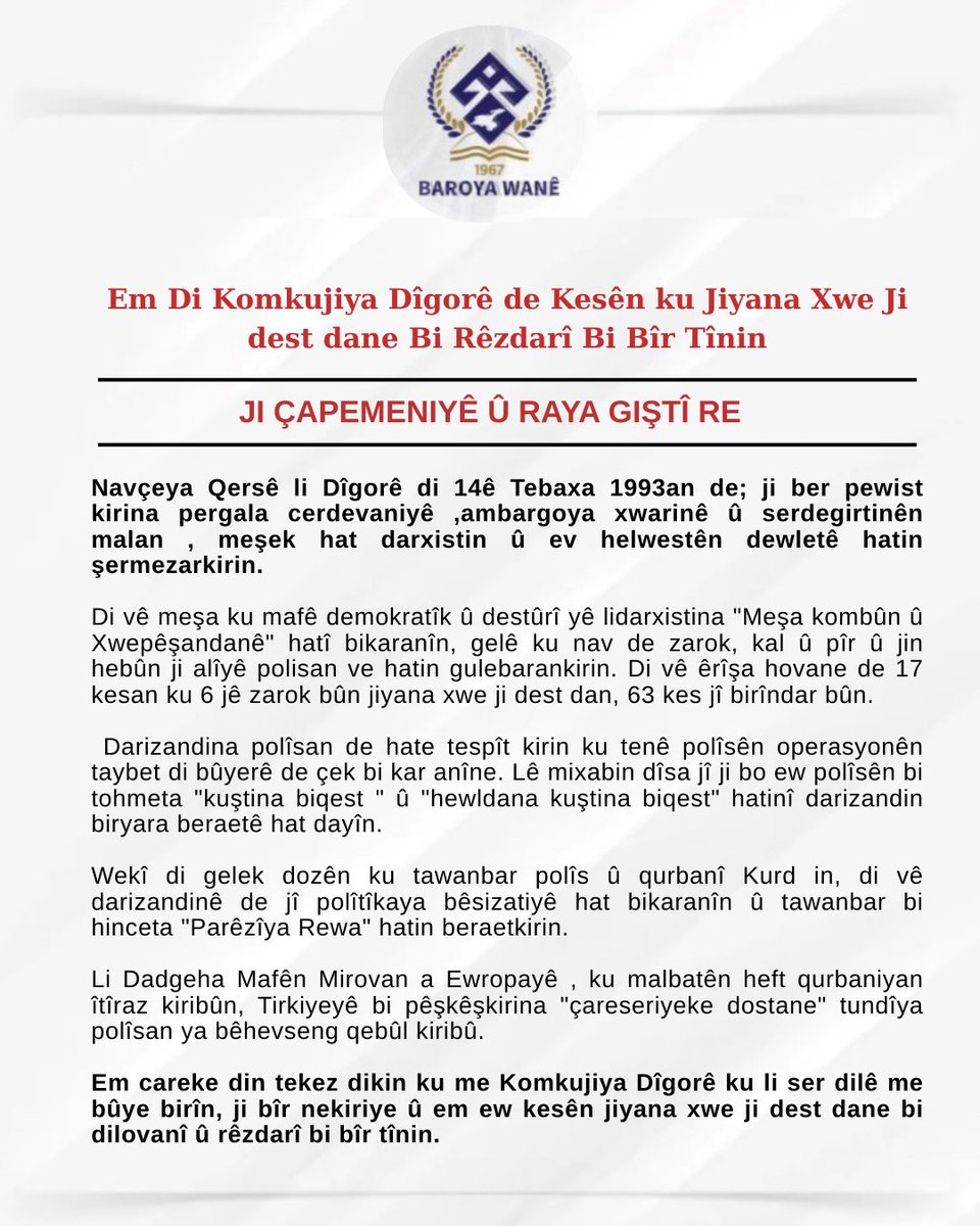 Digor Katliamı’nda Yaşamını Yitiren Canlarımızı Saygıyla Anıyoruz

Em Di Komkujiya Dîgorê de Kesên ku Jiyana Xwe Ji dest dane  Bi Rêzdarî Bi Bîr Tînin