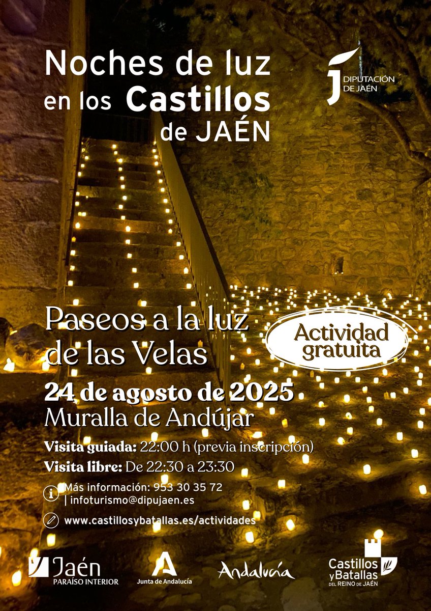 🗓️ El 24 de agosto, el ciclo ✨ "Paseos a la Luz de las Velas" hace parada en📍Andújar.

🕘 Visita guiada a las 22h (requiere inscripción previa gratuita)➡️ 📞 953 303 572 | 📲 689 544 184 | ✉️ infoturismo@dipujaen.es
🕘 Visita libre de 22:30 a 23:30 h
🔗 jaenparaisointerior.es/es/w/paseos-a-…