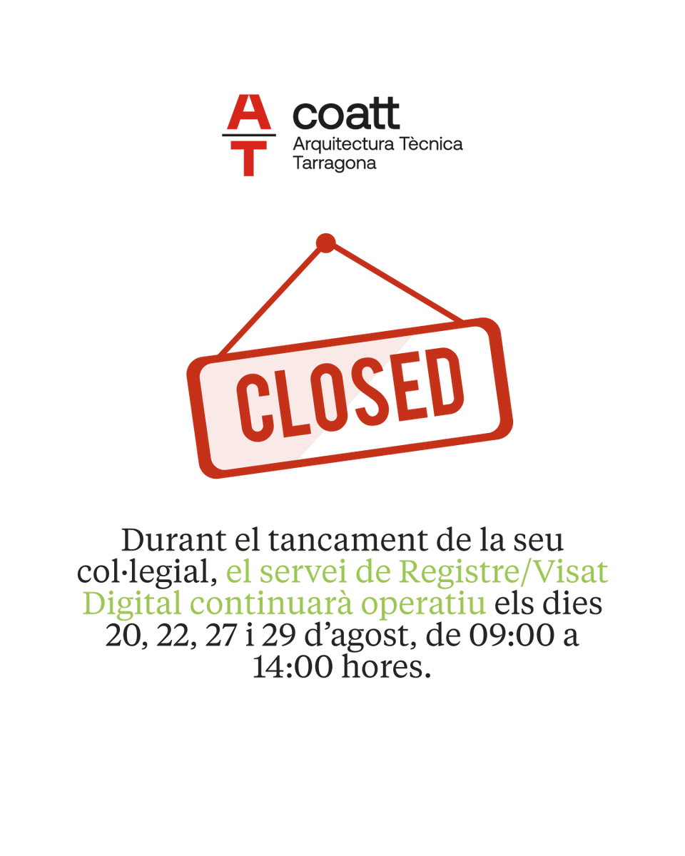 coattarragona's tweet image. Marxem de vacances! 
Del 15 al 30 d'agost, ambdós inclosos, la seu col·legial romandrà tancada 🔒.
Tot i això, el servei de Registre/Visat Digital continuarà operatiu en dies puntuals.
Tota la informació al text de la publicació ℹ️

#COATT #Tarragona #Vacances #Vacances2025