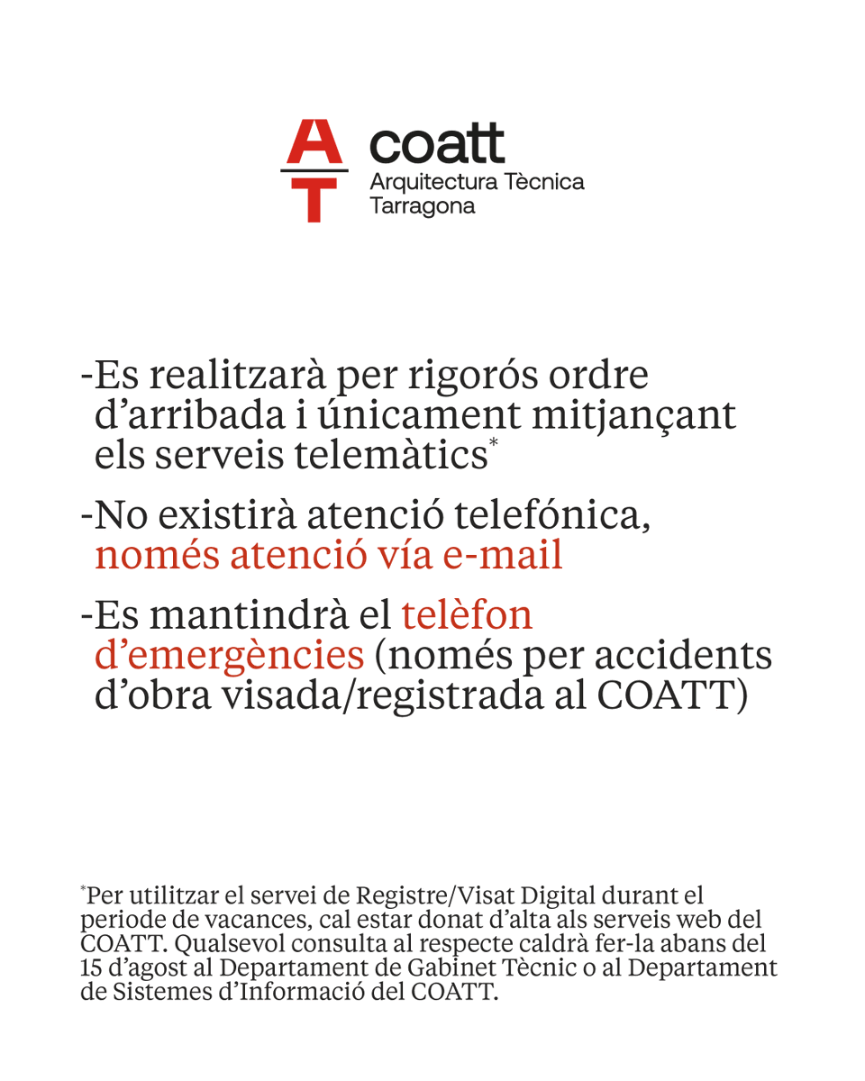 coattarragona's tweet image. Marxem de vacances! 
Del 15 al 30 d'agost, ambdós inclosos, la seu col·legial romandrà tancada 🔒.
Tot i això, el servei de Registre/Visat Digital continuarà operatiu en dies puntuals.
Tota la informació al text de la publicació ℹ️

#COATT #Tarragona #Vacances #Vacances2025