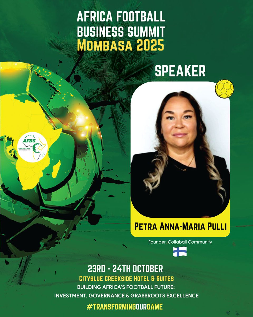 🚨 Speaker Alert | #AFBS2025
From 🇪🇬 to 🇫🇮 — we welcome Petra Anna-Maria Pulli of Collaball Community! 🌍⚽️

A champion of inclusion &amp; holistic player development, Petra is building pathways from grassroots to elite, ensuring football is for everyone. 💛

#TransformingOurGame