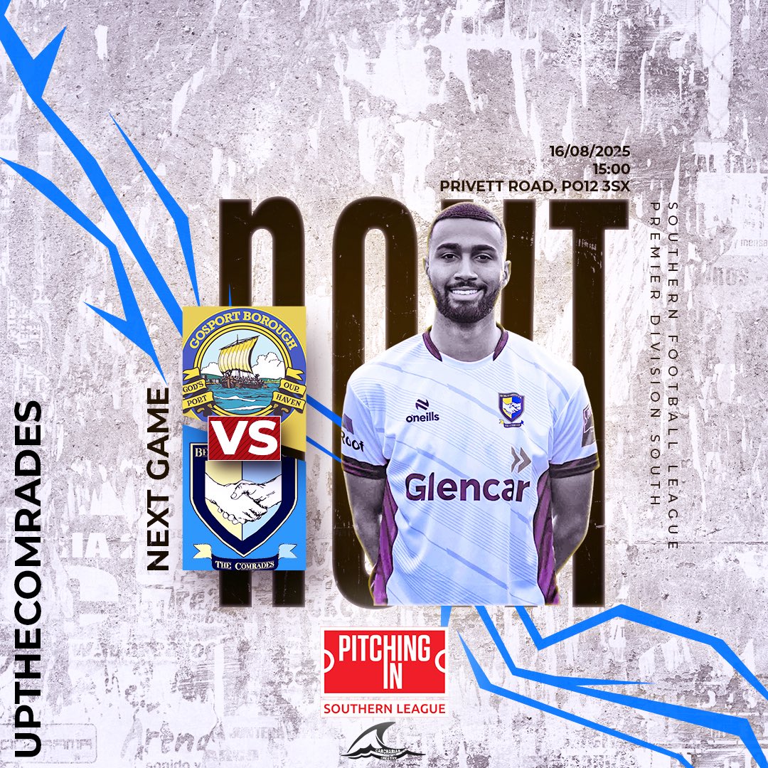➡️ On the road again Saturday as we head to Gosport Borough FC. 

🆚 <a href="/GosportBFC/">Gosport Borough FC</a> 
📆 Saturday 16th August, 3pm
🏟️ Privett Road, PO12 3SX

#UpTheComrades | #UTC