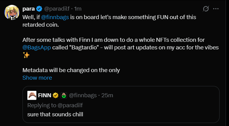 Early alpha :

<a href="/paradilf/">~paradilf</a> launching an nft collection for <a href="/BagsApp/">BAGS</a> 
named " Bagtardrio" 

Worth getting WL