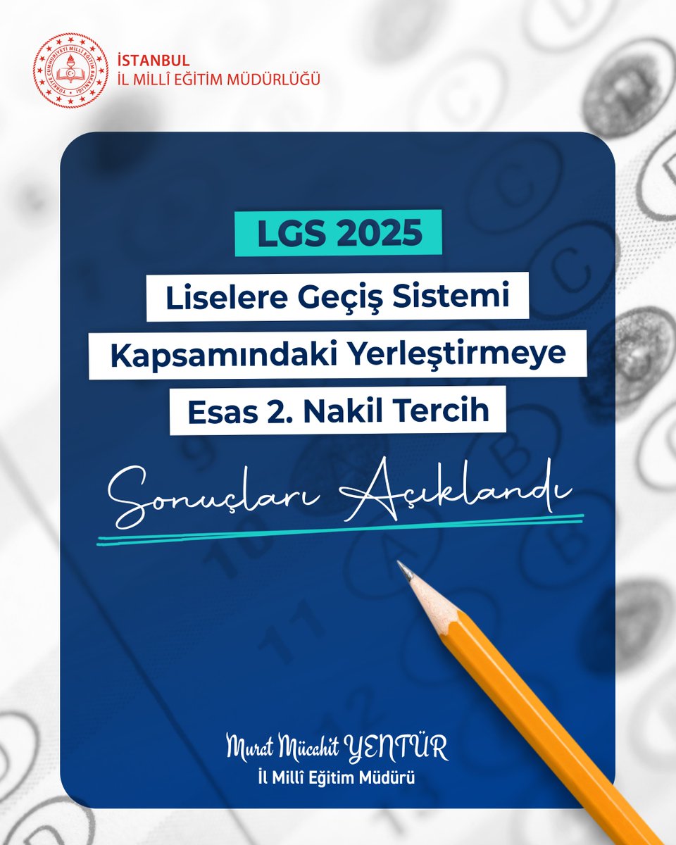 İstanbul İl Millî Eğitim Müdürlüğü (@istanbulilmem) on Twitter photo 📢 "Liselere Geçiş Sistemi (LGS) Kapsamında Yerleştirmeye Esas 2. Nakil Sonuçları" açıklandı.
🔗 meb.ai/ZLcmaB
<a href="/tcmeb/">Millî Eğitim Bakanlığı</a> <a href="/Yusuf__Tekin/">Yusuf Tekin</a>
<a href="/MucahitYentur/">Murat Mücahit Yentür</a> 📢 "Liselere Geçiş Sistemi (LGS) Kapsamında Yerleştirmeye Esas 2. Nakil Sonuçları" açıklandı.
🔗 meb.ai/ZLcmaB
<a href="/tcmeb/">Millî Eğitim Bakanlığı</a> <a href="/Yusuf__Tekin/">Yusuf Tekin</a>
<a href="/MucahitYentur/">Murat Mücahit Yentür</a>