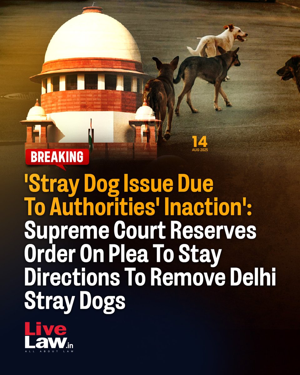 LiveLawIndia's tweet photo. The Supreme Court today(August 14) reserved order on the pleas to stay the directions passed by a two-judge bench on August 11 to remove the stray dogs in Delhi National Capital Region to shelter homes. 
Read more: https://t.co/CiBIYSMObZ 
#SupremeCourt #StrayDogs #SupremeCourtofIndia #Delhi