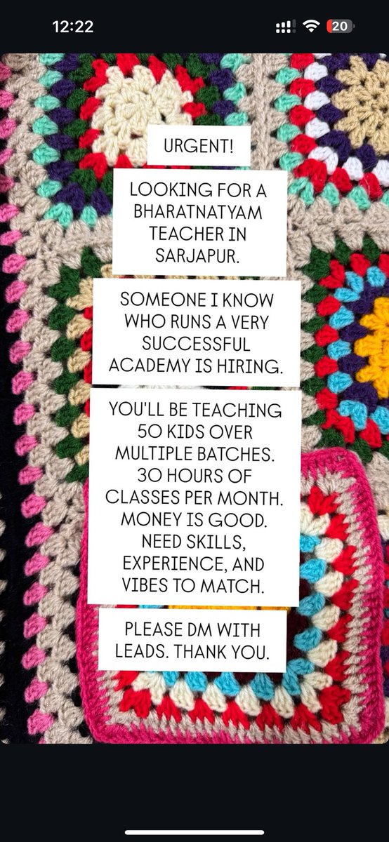 #hiring Bharatanatyam teacher in Sarjapur Bangalore. Pls DM with leads.