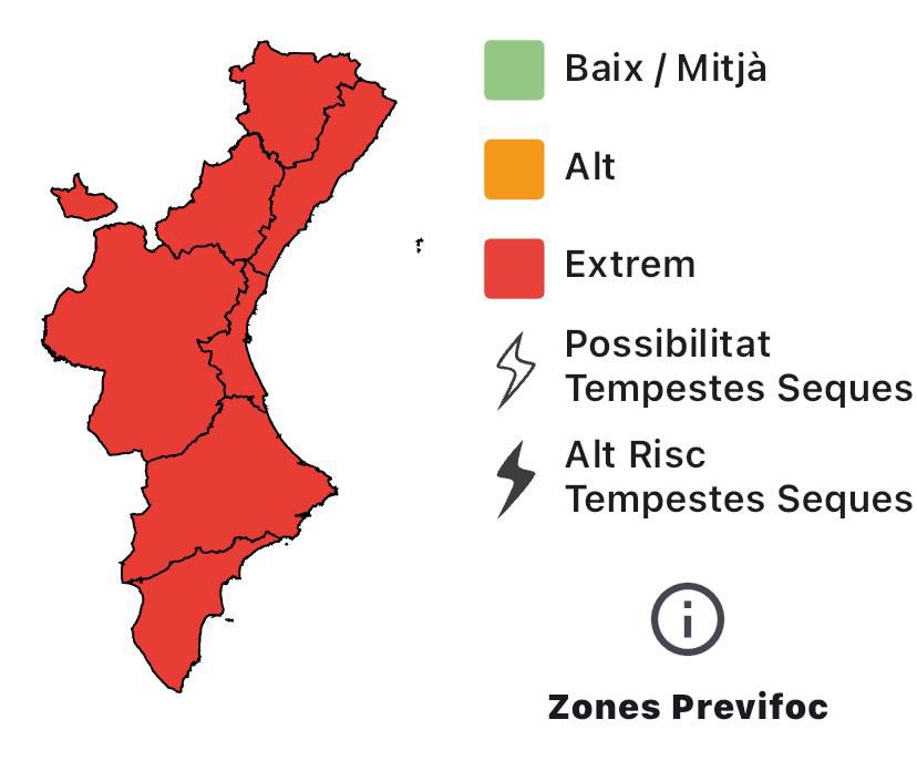 🔥El nivell de preemergència per risc d'incendis forestals hui dijous 14/08 és🔴EXTREM a tota la Comunitat Valenciana.

📲Precaució i si veus fum o foc telefona a l'112