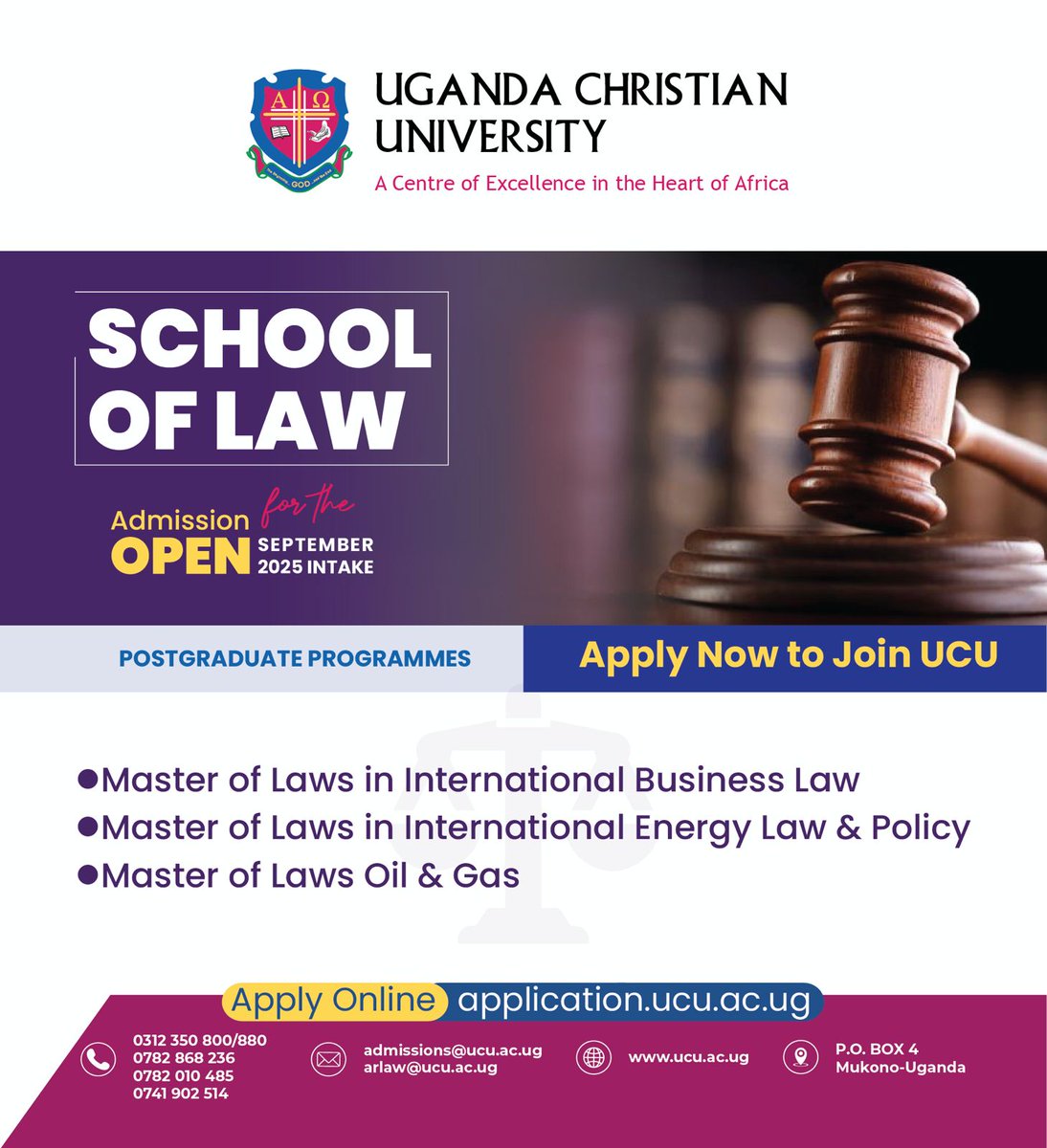 Hello, our Learned colleagues!👋

The time is NOW, to 'bag' that LL.M. (Don't push it any longer😜) 

Apply via: application.ucu.ac.ug