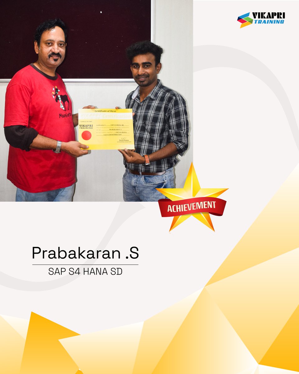 VikapriT's tweet image. Congratulations Prabakaran on successfully completing the SAP MM Course with Vikapri Training!

+91 9840525405 | contactus@vikapritraining.com | vikapritraining.com

#vikapritraining #sapcourse #saptraining #studentcertification #sapcertification #sapmm #sapmmcourse