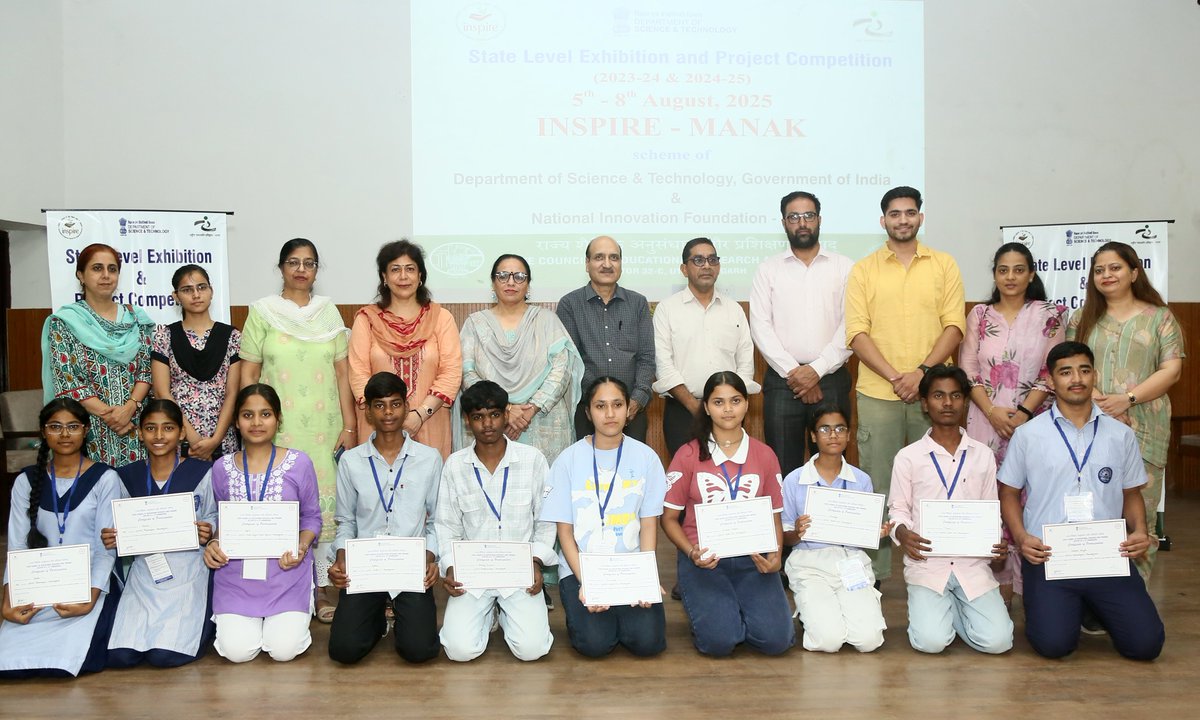 InspireManak's tweet photo. INSPIRE-MANAK State Level Exhibition &amp; Project Competitions for the FY 2023-24 and 2024-25 were successfully held from August 5th to August 8th, 2025. The programme was organized by the State Council of Educational Research and Training , UT Chandigarh. @IndiaDST @nifindia https://t.co/OfkaIEjLee