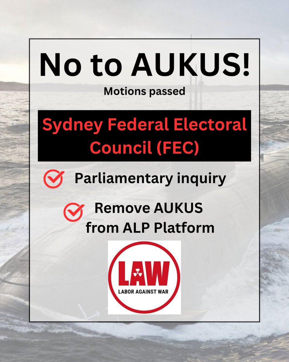 Labor Against War (@labagainstwar) on Twitter photo The ALP Federal Electoral Council for the seat of Sydney (<a href="/tanya_plibersek/">Tanya Plibersek</a> seat) has endorsed Labor Against War's call to remove AUKUS from the ALP National Platform and for a parliamentary inquiry. The ALP Federal Electoral Council for the seat of Sydney (<a href="/tanya_plibersek/">Tanya Plibersek</a> seat) has endorsed Labor Against War's call to remove AUKUS from the ALP National Platform and for a parliamentary inquiry.